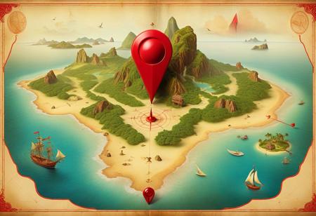 Surrealism, neo-CGI, A vintage-style map with a red pin marking a mysterious exotic island, ethereal fantasy, accurate, refined, defined, highly detailed, follow negative prompts,