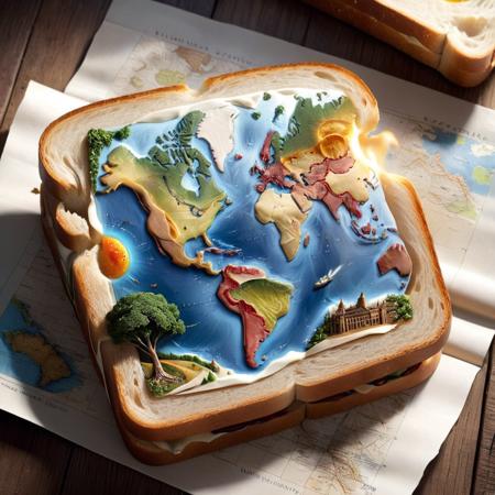 concept art [X] sandwich with a map of the world on it, amazing food illustration, food art, toast, creative photo manipulation, amazing photorealistic graphics, very detailed illustration, bread, battle toast, incredibly intricate, creative photoshop, made of food, incredibly detailed art, food advertisement, cartography map art, fantasy food, super realistic food picture, hi-res photo,CGSociety,ArtStation . digital artwork, illustrative, painterly, matte painting, highly detailed  <lora:DalE-3-FFusion-LyCORIS:1> . digital artwork, illustrative, painterly, matte painting, highly detailed