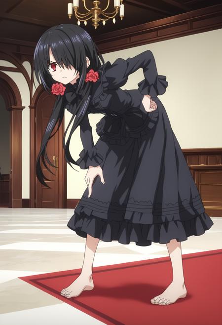 kurdef, long hair, black hair, twintails, red eyes, yellow eyes, clock eyes, heterochromia, bare shoulders, detached sleeves, choker, red dress, cleavage, bow, black thighhighs, lace-up boots, kurdress, long hair, black hair, red eyes, hair over one eye, low twintails, black dress, long sleeves, hair bow, hair flower, knee boots, black footwear, pantyhose,  kurng, long hair, black hair, twintails, red eyes, hair over one eye, yellow eyes, heterochromia, clock eyes, anime screencap, anime coloring,