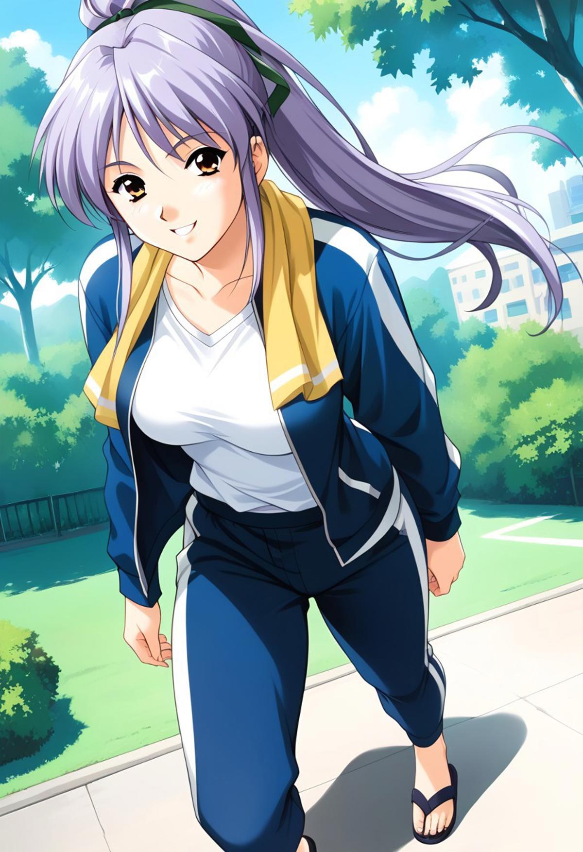 score_9, score_8_up, score_7_up, best quality, intricate details, source_anime, BREAK 1girl, solo, takabe, yellow towel around neck, dark blue track jacket, open clothes, white shirt, tucked in, dark blue track pants, black sandals, standing, kind smile, looking at viewer, park