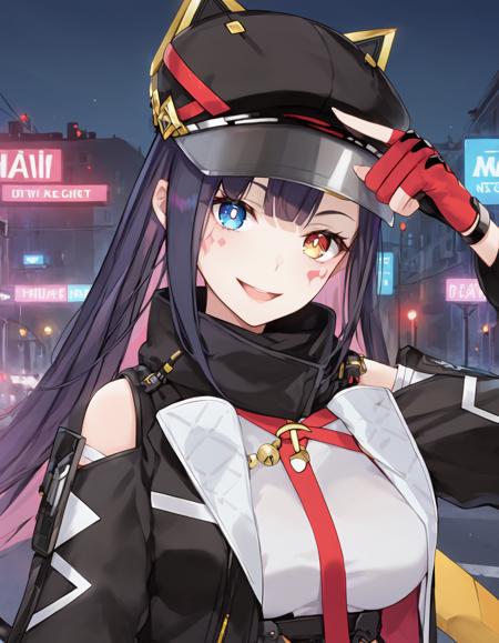 zzbsaa, solo, 1girl, heterochromia, blue eyes, long hair, black hair, pink hair, looking at viewer, multicolored hair, bangs, yellow eyes, mechanical cat tail,single thighhighs,