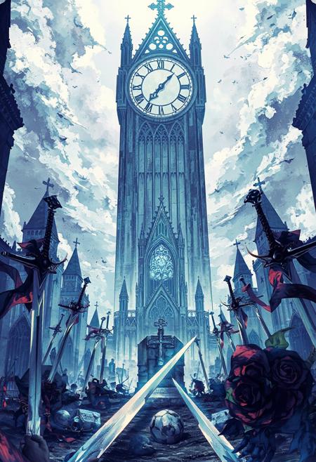 pixiv, masterpiece, illustration,
gothic, swords, grave, battlefield, black rose, church, grand Gothic clock looms,
The image adopts a low-saturation, low-contrast fantasy style, with a composition that emphasizes strong depth and spatial layering. Colors are vivid and clear, with refined lighting effects. The overall atmosphere conveys a sense of epic scale and fantasy. The background feels expansive, with a cinematic quality. Details are richly rendered with sharp edges, highlighting dramatic tension and visual impact. The style resembles high-quality anime illustrations or light novel covers, with strong visual guidance and artistic appeal.
