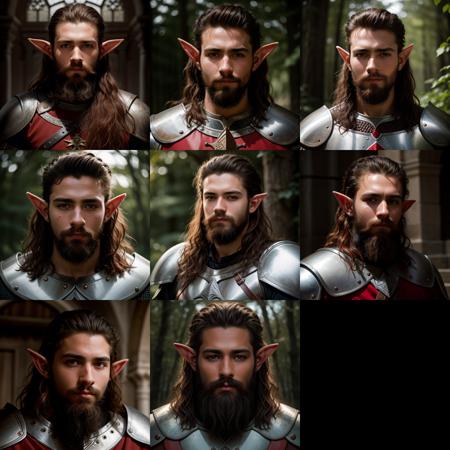 RAW photo, absurdres, high quality, photorealistic,
portrait of a young elf man, knight, looking at viewer, (dark_skin:1.4), (detailed_skin,:0.5), (freckles:0.5), red hair, beard,
photo realism, ultra-detailed, 50mm, f1. 4, 8k uhd, film grain