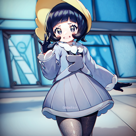 1girl, solo, gloves, blush_stickers, pantyhose, black_hair, dress, short_hair, smile, eyelashes, cardigan, black_gloves, bangs, grey_dress, grey_footwear, black_eyes, bonnet, blunt_bangs, grey_cardigan, open_cardigan, long_sleeves, jewelry, necklace, puppy_pokemon,