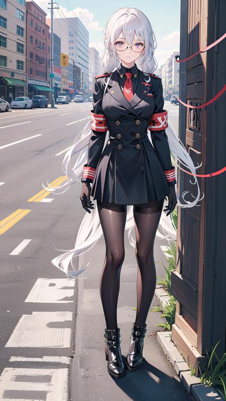 masterpiece, best quality,hoduraether, 1girl, solo, long hair, necktie, (full body:1.5), standing on beach,  black footwear, boots, gloves, double-breasted, armband, buttons, braid, glasses, breasts, bangs, long sleeves, shirt, black pantyhose, hair between eyes, white collared shirt, white hair, black military uniform, black pantyhose,miniskirt, <lora:HodurConstantV3:0.6>,