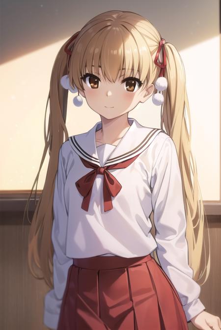 miutakanashi, <lora:miu takanashi s1-lora-nochekaiser:1>,
miu takanashi, long hair, blonde hair, ribbon, twintails, (brown eyes:1.5), hair ribbon, two side up, smile,
BREAK skirt, long sleeves, school uniform, serafuku, white sailor collar, (red skirt:1.2), (white shirt:1.2),
BREAK indoors, classroom,
BREAK looking at viewer, (cowboy shot:1.5),
BREAK <lyco:GoodHands-beta2:1>, (masterpiece:1.2), best quality, high resolution, unity 8k wallpaper, (illustration:0.8), (beautiful detailed eyes:1.6), extremely detailed face, perfect lighting, extremely detailed CG, (perfect hands, perfect anatomy),