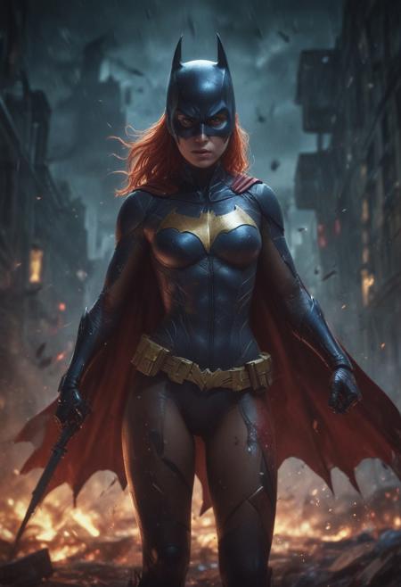 High resolution ultra-realistic of beautiful realistic  Batgirl is fighting a battle, cinematic style, standing on a bloody and stormy battlefield in a fighting pose, bloody massacre, realistic modern combat costume, black mask, red cape, perfect athletic figure, wavy red hair, handsome dirty bloody face, beautiful perfect detailed pupils, wet oily shiny skin, covered in dirt and blood, beautiful firm Breasts, defiant and seductive, sexy 20 year old girl, 8k resolution concept art portrait by Greg Rutkowski, Dark Gotham City, realistic blue eyes, full body, Artgerm, WLOP, Alphonse Mucha, dynamic lighting, hyperdetailed, intricately detailed, Splash art trending on Artstation triadic colors, Unreal Engine, 5 volumetric lighting, Cinematic Lighting, intricate, smooth, sharp focus digital painting, Asymmetrical Balance, painting, dynamic lighting