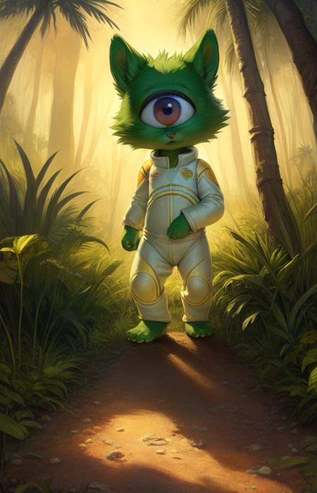 ProfrrrrCartoonAlienDomest, Green fur, yellow paws, One eye, Space suit,  nude, Naked,