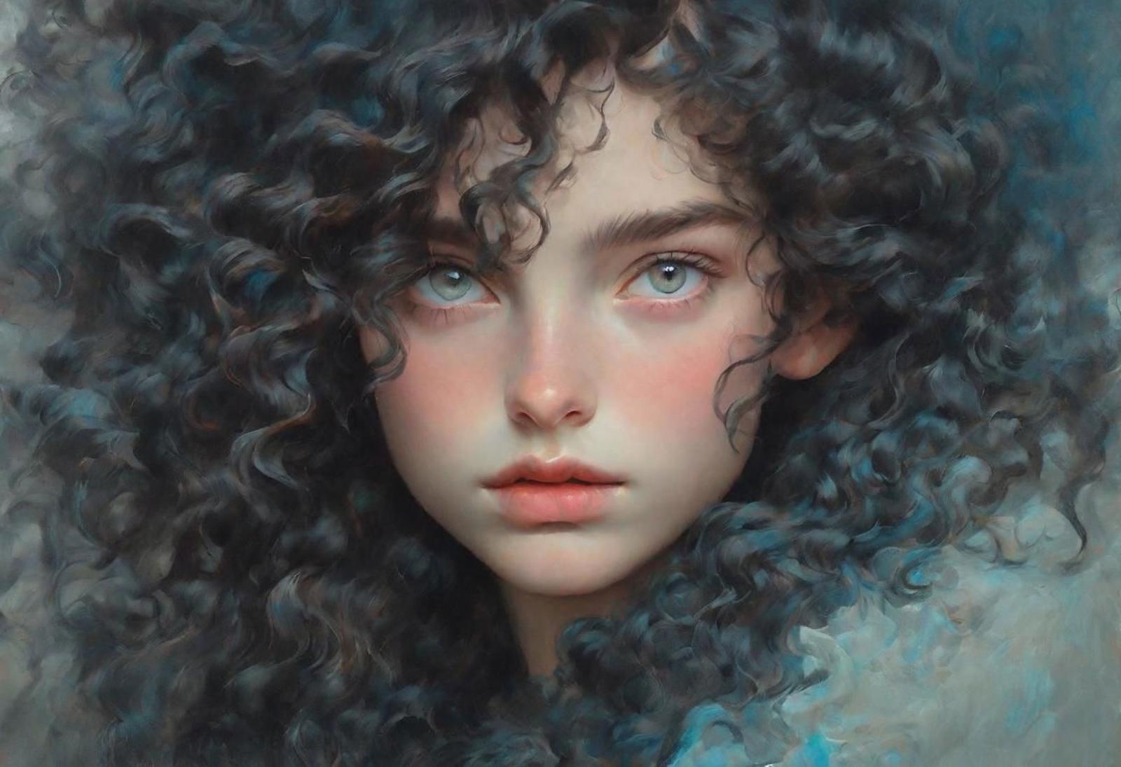 A beautiful artistic portrait of a young girl with curly hair, blue eyes and pink cheeks.