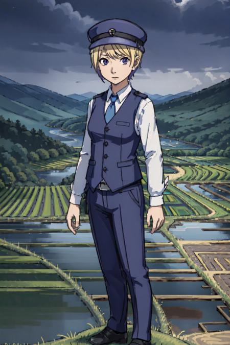 pkmnofficer,1girl,standing,facing viewer,blonde hair,very short hair,pixie cut,purple eyes,(full body),pants,vest,blue shirt,long sleeves,blue hat,outdoors,((in countryside,rice paddies)),at night,serious expression, <lora:PKMNOfficer-44:0.6>