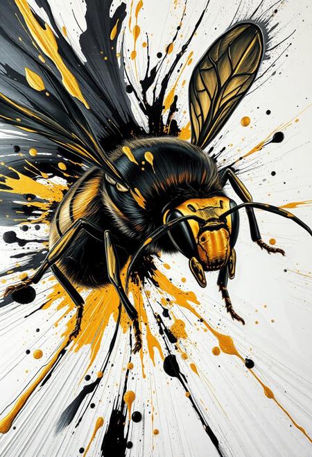 A hyper-stylistic, extremely detailed image depicts a breathtaking painting, crafted from a combination of smeared black and gold metallic paint. A hornet is captured in a streaked motion, as if it is moving rapidly in one direction. The black paint is applied in bold, dynamic strokes, creating a sense of energy and movement that is contrasted beautifully by the golden accents. The gold paint is used to highlight the hornet's features, adding a sense of depth and dimensionality to the image. The overall effect is one of breathtaking, surreal dynamism, as if the viewer has captured a fleeting moment in time. Every detail of the image is meticulously crafted, from the delicate, swirling patterns of the gold paint to the intricate, textured patterns of the black paint. The contrasts between light and dark, color and texture, create a sense of tension and energy that draws the viewer in, inviting them to explore the kinetic world of the painting. highest-Quality, intricate details, visually stunning, Masterpiece