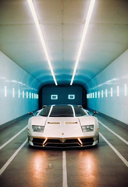 analog film photo (Sportscar gleaming prototype, symmetrical front view, bright headlights, indoors tunnel), white neon lights, (stylish, film grain:1.3) . faded film, desaturated, 35mm photo, grainy, vignette, vintage, Kodachrome, Lomography, stained, highly detailed, found footage
