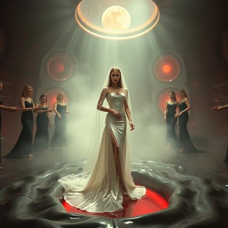 high-society elegant slender norvegian  rich   innocent young bride wearing   glossy silver high heels and glossy transparent slime  high slit wedding dress with matching long veil. She posing  in center of the floor hole, filled with glossy black slime, surrounded by ladies wearing elegant black gowns and high heels, pulling her toward  giant slime covered glossy red foil breeding bed, eerie fog that wafts up from the fleshy jelly floor, encased in light beam from the chamber celling, awaiting her alien master, strugging to break free and escape, glossy live wet-look jelly walls, whorish breeding chamber, colossus observation portholes to outer space full of stars, bright red moon, vintage-inspired makeup, long hairs, ultra thin waist, evil grin, porcelain skin, lipstick, red nails, in the style of a haunting, retro-futuristic 1950s sci-fi nightmare, horror, alien space base,
