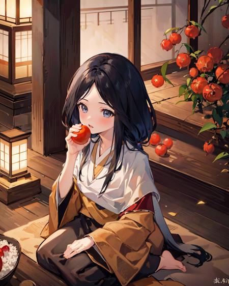 ricechan, 1girl, black_hair,solo, japanese clothes, <lora:RicechanSekiroV1-000006:1>,kimono,outdoors,bamboo,lake,east asian architecture, 
seiza,eat_fruit,