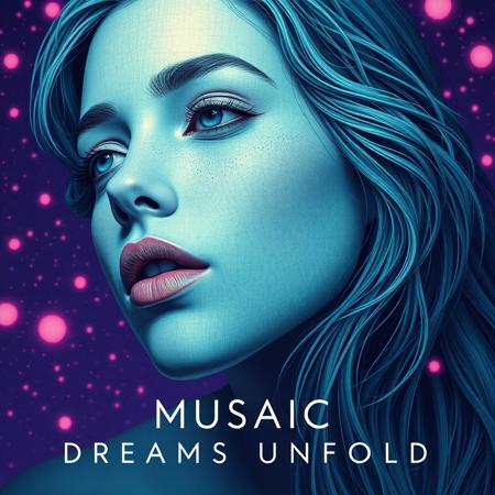 high quality design aesthetics, disco, synth pop, detailed, pop album cover, beautiful young white woman, artist name "MUSAIC", album title "Dreams Unfold"