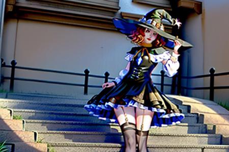 solo girl, mouse ears, mouse tail, flat chest, short, posing, multi-colored hair, happy to see you, striped thigh-high socks, high heels, gothic dress, looking at the viewer, witch hat, gothic world,