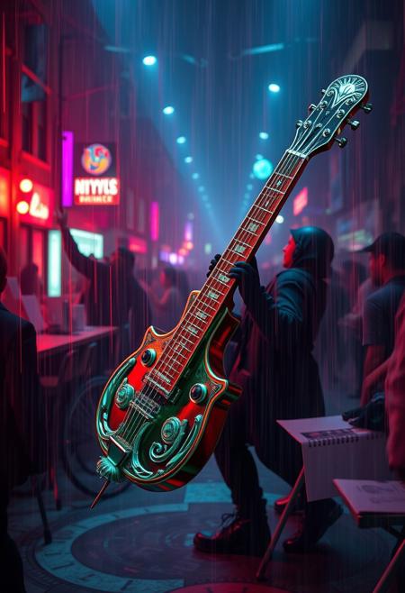 "((Color rush)),  octocore, rococo punk, petrol colored, mucical instrument , illusion,  limitless, pale, chaotic, mucical notes , ultra detailed, cinematic  "
