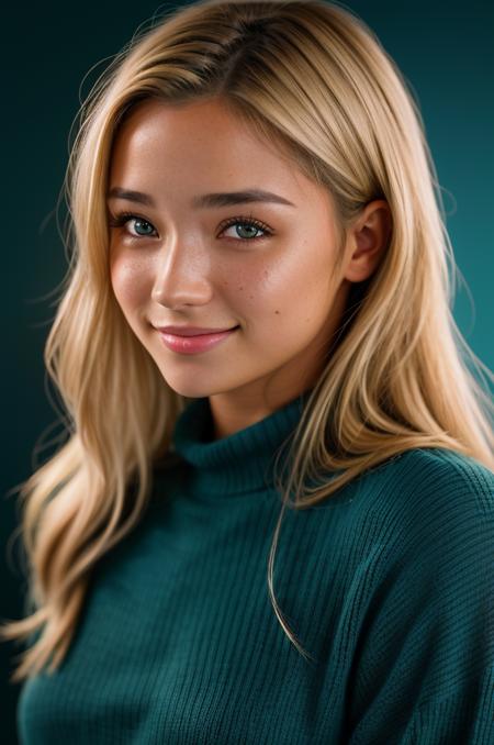 award-winning, professional headshot photo of beautiful ol1v1adunne beaming smile, skin pores, with sparkly (brown eyes:1.1), (freckles:0.8), wearing a (teal sweater:1.2), looking at viewer, a woman as a movie star, (simple background:1.4), dark moody ambiance, (masterpiece:1.2) (photorealistic:1.2) (bokeh) (best quality) (detailed skin:1.2) (intricate details) (nighttime) (8k) (HDR) (cinematic lighting) (sharp focus), (looking at the camera:1.1), (closeup portrait:1.1), hyperrealistic photography, photographed on a Sony a9 II Mirrorless Camera, 50mm prime lens, F/1.4, (highly detailed), cinestill 800, 8mm film grain, dynamic angle, (blonde hair)