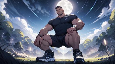 Draw a mature athlete,Standing in the grassland under the starry sky,he is wearing a T-shirt and athletic shorts and nike sneakers, Dramatic lighting from stars illuminates the scene,This man looks confident and determined, looking down,crew cut, full body,shot from below,a big moon in the background,  <lyco:NiJiMale-09:0.4>