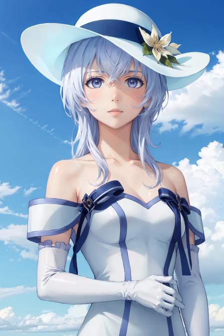 seitenshi sun hat, white dress, bare shoulders, elbow gloves, white thighhighs