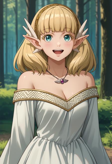 medium hair, blonde hair, aqua eyes, blunt bangs, pointy ears, hair ornament, hairband NefritisDress, white dress, off shoulder, cleavage, pendant, long dress NefritisAdventurer, green capelet, white dress, cleavage, brown belt, short dress, long sleeves, thigh boots, white thighhighs NefritisBikini, frilled bikini, green bikini, cleavage, large breasts, underboob, bikini skirt