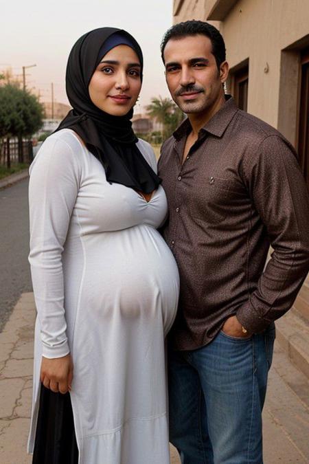 high quality, egytian style, traditional clothes, happiness, smile,  brown eyes, dark hair, 1male, dilf, rough looking, manly face, strong facial features, full beard, thick hair, hairy chest, hairy body, 1female, huge tits, big boobs, curvy body, big Cleavage, wide hips, thick hips, pregnant female, hijab, soft focus, soft light, 2characters, 2peoples, straight couple, couple,
