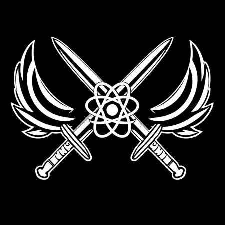 (stylized logo, emblem, vector art), (symbol of a crossed swords), (solid colors, thick-linework), white outline, black background, 
crossed swords with the emblem of the atom symbol white in the center, heraldic, black background, HDR, UHD,