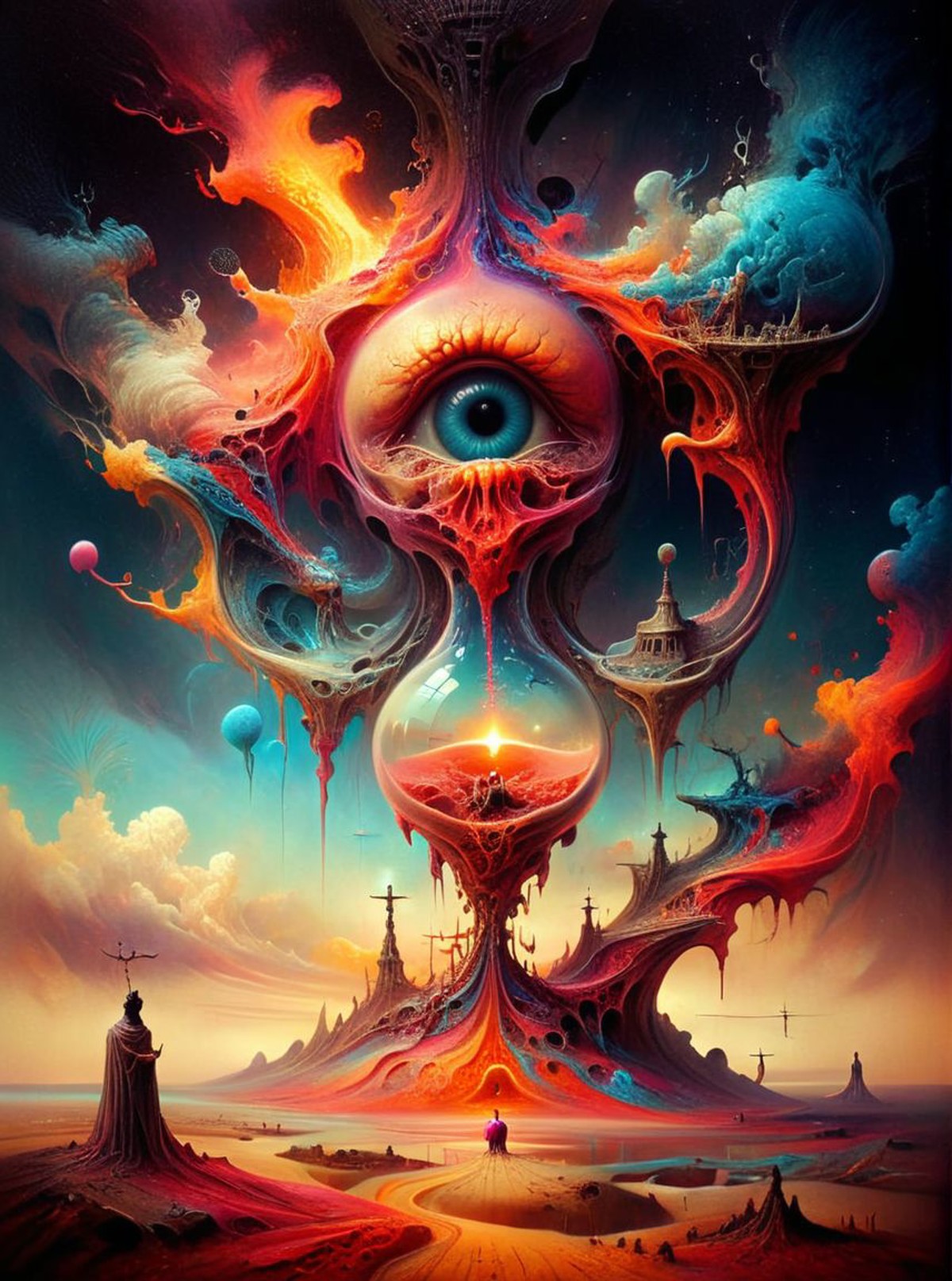 Acrylic Painting a vivid scifi illustration of fantastical surrealism
Hourglass of doom In infinity
in the style of Salvad...