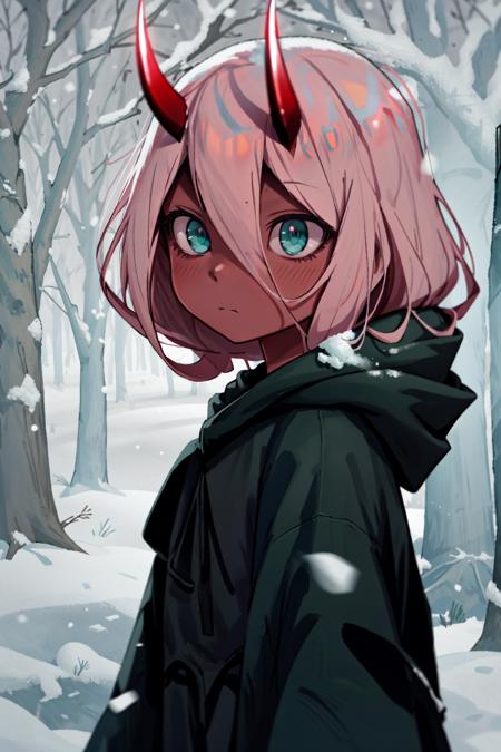 <lora:ZeroTwoOni2_0:0.9> Zero Two, 1girl, masterpiece, best quality, long hair, (red skin), red horns, pink hair, green eyes, colored sclera, black robe, expressionless, bags under eyes, squinting, outdoors, snow, forest, night, snowing, blizzard, fog, mist, storm