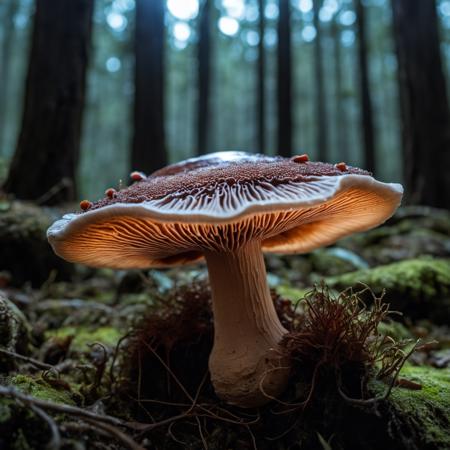 Macro shot of Reishi Mushroom with Bioluminescent Mycelium <lora:MyShroom:0.4>