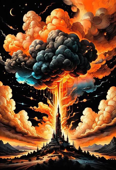 Distorted pen and ink. vintage 90's cartoon style, black and white, colorful clouds, symmetric photographic,  (all light hues and fine vibrant orange glowing smoldering accent and shiny gold color scheme:1.02). glossy.
<lora:InkArtXL_1.2:0.4> <lora:FaeTastic:0.35> . award-winning, professional, highly detailed . extremely high-resolution details, photographic, realism pushed to extreme, fine texture, incredibly lifelike, high contrast, well defined .