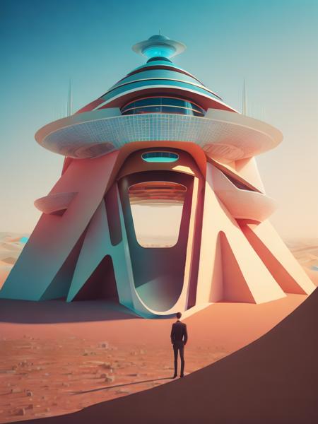 <lora:BeepleMikeWinkelmann:1>a futuristic looking structure with a man standing on top of it in the middle of a desert by Beeple Mike Winkelmann