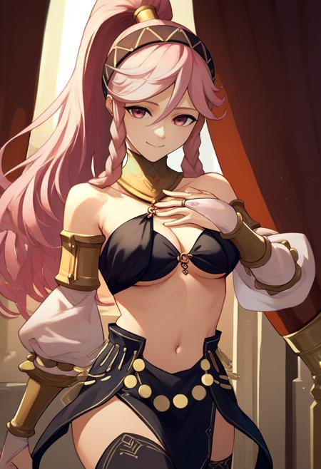 feolivia, twin braids, ponytail, hairband dancer, o-ring top, detached sleeves, bridal gauntlets, loincloth, black thighhighs, cleavage