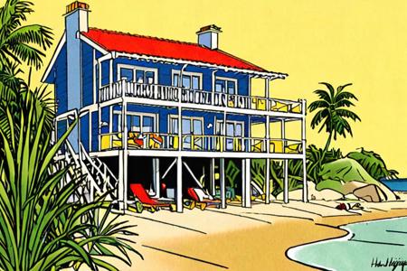 Comic panel illustration a simple beach house by Henk Kuijpers <lora:Henk_Kuijpers_Franka_Style_XL>