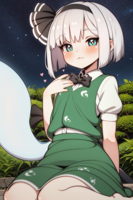 1girl, (konpaku youmu:1.2), white ghost, :3, heart-shaped pupils, blush, heart, beautiful garden at the night time with fireflies