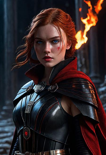 High resolution ultra-realistic of Beautiful Dark Sith girl, 8k, capturing the intensity of the moment, cinematic lighting, standing on a bloody and turbulent battlefield in a bloody battle, wavy red hair, realistic dirty pale face, realistic blue eyes, beautiful hourglass figure, burning in a Star Wars Town, intricately designed cloth dirty black-red robes, Star Wars Aesthetic, perfect athletic figure, beautiful Sadie Sink as Dark Sith Knightess, ultra realistic, cinematic style, vigorous and seductive, athletic figure, Star Wars style, dramatic lighting, wet and sweaty skin, dirty skin, athletic figure, dark fantasy, dramatic lighting, Greg Rutkowski style, Dark Sith Knightess on in Jedi dress, hyper-detailed, hyper-realistic,  natural light, extremely intricate details, masterpiece, epic, bright colours, Attractive 21 old years girl, Attractive, beautiful firm Breasts, sharp focus, digital painting, Photograph Taken on Nikon D750, Alphonse Mucha, 8K, athletic figure, Hyperdetailed, hyperrealism, Attractive, Attractive bust girl, asymmetric balance