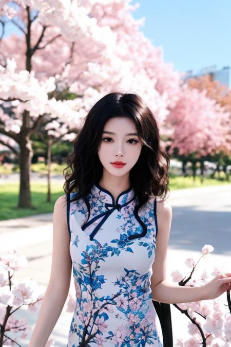 cinematic lighting,((best quality)),ink,a young girl,rose,black hair,curly hair,no shadow,simple background,bright skin,Cherry blossoms,1girls,in autumn,panorama,cheongsam,