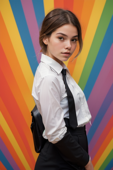 ClarissaMuller as a sexy TikTok influencer, modelshoot style, in front of a vibrant rainbow background, (extremely detailed CG unity 8k wallpaper), photo of the most beautiful artwork in the world, professional majestic (photography by Steve McCurry), 8k uhd, dslr, soft lighting, high quality, film grain, Fujifilm XT3 sharp focus, f 5.6, High Detail, Sharp focus, dramatic, (wearing a black business suit with a white shirt and a black tie:1.4), (looking at viewer:1.2), (detailed pupils:1.3), (natural light), (closeup:1.2), (seductive) <lora:Colored_Lines_Background:1.2>