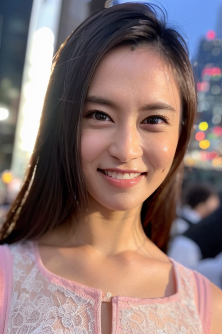 1girl,(wearing a pink blouse),(RAW photo, best quality), (realistic, photo-realistic:1.4), masterpiece, an extremely delicate and beautiful, extremely detailed, 2k wallpaper, Amazing, finely detail, extremely detailed CG unity 8k wallpaper, ultra-detailed, highres, soft light, beautiful detailed girl, extremely detailed eyes and face, beautiful detailed nose, beautiful detailed eyes,cinematic lighting,city lights at night,smiling,perfect anatomy,