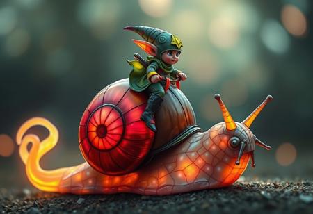 a tiny goblin jockey riding on the back of a giant snail, neon reins,the snail's shell is made of stained glass, slime trail, neon bokeh, in the style of a fantasy painting