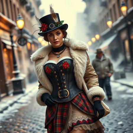 A steampunk-inspired Christmas outfit featuring a corset with metallic gears and poinsettia embroidery, paired with a puffy winter jacket trimmed with white fur. The skirt is layered with plaid fabric and lace, and the model wears a top hat adorned with holly and feathers. The background is a snowy Victorian street with glowing gas lamps and steam rising from the cobblestones. Keywords: steampunk, corset, poinsettia, puffy winter jacket, plaid, lace, top hat, holly