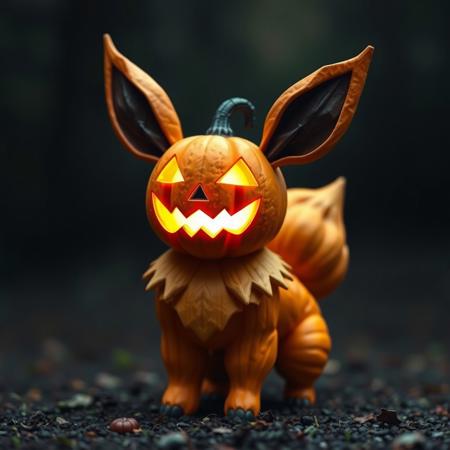 An eevee made out of pumpkins, with a jack-o-lantern head.