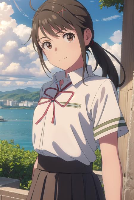 suzumeiwato, <lora:suzume iwato movie-lora-nochekaiser:1>,
suzume iwato, long hair, black hair, hair ornament, (brown eyes:1.5), hairclip, ponytail, smile,
BREAK skirt, shirt, ribbon, school uniform, white shirt, red ribbon, green skirt, long skirt,
BREAK outdoors, sky, day, cloud, sun,
BREAK looking at viewer, (cowboy shot:1.5),
BREAK <lyco:GoodHands-beta2:1>, (masterpiece:1.2), best quality, high resolution, unity 8k wallpaper, (illustration:0.8), (beautiful detailed eyes:1.6), extremely detailed face, perfect lighting, extremely detailed CG, (perfect hands, perfect anatomy),