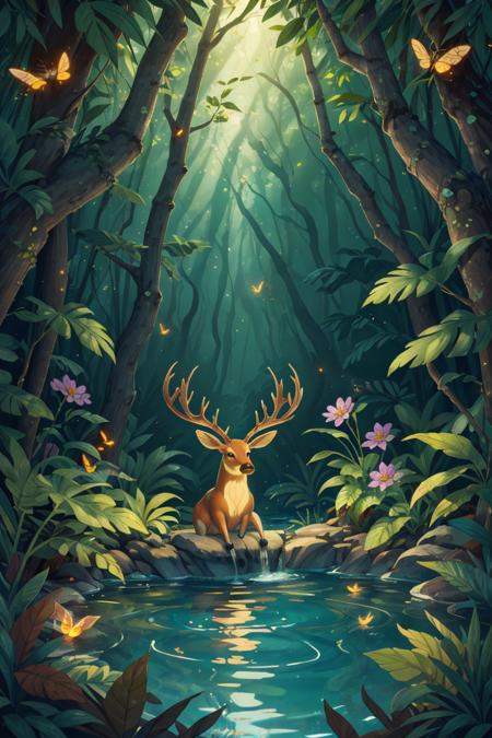 (Masterpiece, best quality:1.2), (best illustration), (best shadows), glow sprite, with a glowing deer, in the swimming pool Drinking water, natural elements in the forest theme. Mysterious forest, beautiful forest, nature, surrounded by flowers, delicate leaves and branches surrounded by fireflies (natural elements), (jungle theme), (leaves), (twigs), (fireflies), (particle effects) etc. 3D , Octane rendering, ray tracing, super detailed