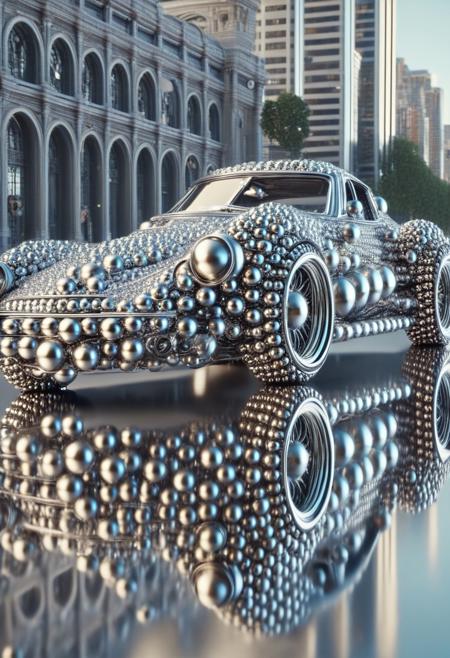 (made of Chrome Ball bearings:1.3), classic sports car, from side, run through on city Chrome Ball bearings road, cinematic, cinematic lighting, (masterpiece, best quality:1.4), ultra-high res, 4k, Photorealistic, insanely detailed, sfw,