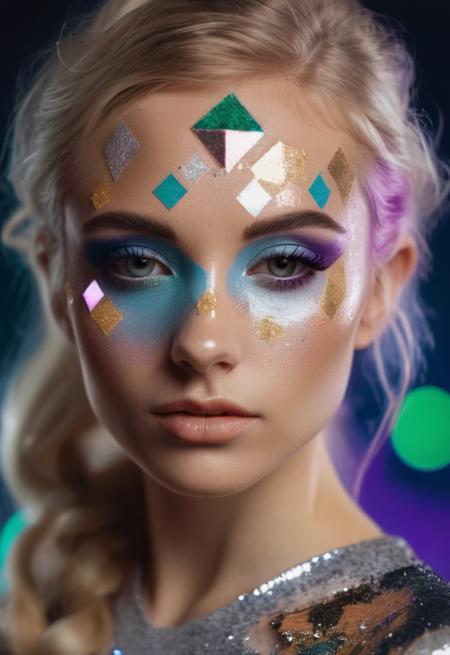 portrait photo of an 20 years old european blonde haired woman, (face makeup with colored geometric shapes and glitter), enjoying live, , stoic cinematic 4k epic detailed photograph, shot on kodak
 <lora:artmakeup_bit_winks_v3:0.9>