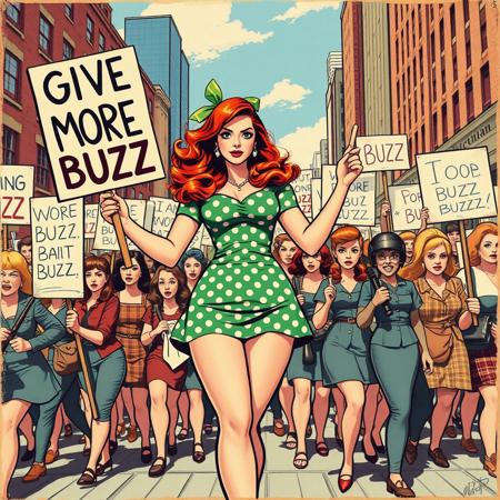 Retro pin-up poster depicting a feminine curvy woman leading a protest march, clad in 1960s style green polkadots mini dress, ribbon over her ombre long hair (ginger to copper, orange, auburn),, holding a sign that says "GIVE US MORE BUZZ".
Many angry women, holding placards demanding BUZZ, some (carrying <kitchen utensils, rolling pins, large tools>)