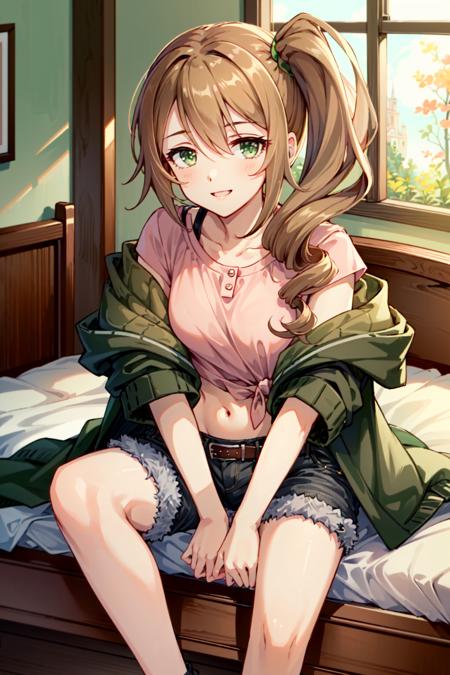 (masterpiece, best quality:1.5),<lyco:Chloe-v2-000006:1>,1girl,looking at viewer,chloerealcasual,long hair,brown hair,hair between eyes,green eyes,side ponytail,midriff,denim shorts,pink shirt,green jacket,indoors,bedroom,seductive smile,sitting,