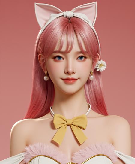 cinematic still 3D portrait of a girl from fantasy game, photorealistic, realism, game art, animal ears, solo, twintails, long hair, pink hair, cat ears, dress, white dress, ribbon, flower, bow, bangs, bare shoulders, simple background, looking at viewer, low twintails, yellow bow, hair ribbon, closed mouth, blue eyes, cosplay, lips, rose, jewelry, red ribbon, pink background, pink flower, smile . emotional, harmonious, vignette, 4k epic detailed, shot on kodak, 35mm photo, sharp focus, high budget, cinemascope, moody, epic, gorgeous, film grain, grainy,
extremely detailed, hyperrealistic, cinematic lighting, Studio Ghibli, Jessica Rossier, Mucha, William-Adolphe Bouguereau, epic realistic masterpiece, complimentary colors, Art Nouveau, beautiful detailed octane render, hyperrealistic