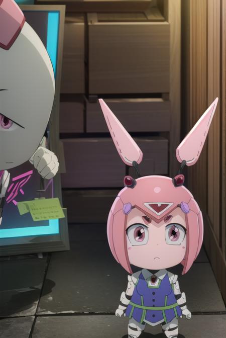 default em pino, short hair, animal ears, pink hair, wings, (pink eyes:1.5), chibi, robot, android, style parody, joints, robot joints, mechanical ears, avatar em pino, short hair, skirt, animal ears, pink hair, red hair, (pink eyes:1.5), rabbit ears,